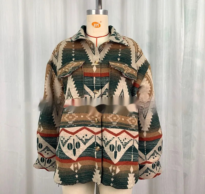Women's retro style Aztec print woolen cotton coat in loose fit design