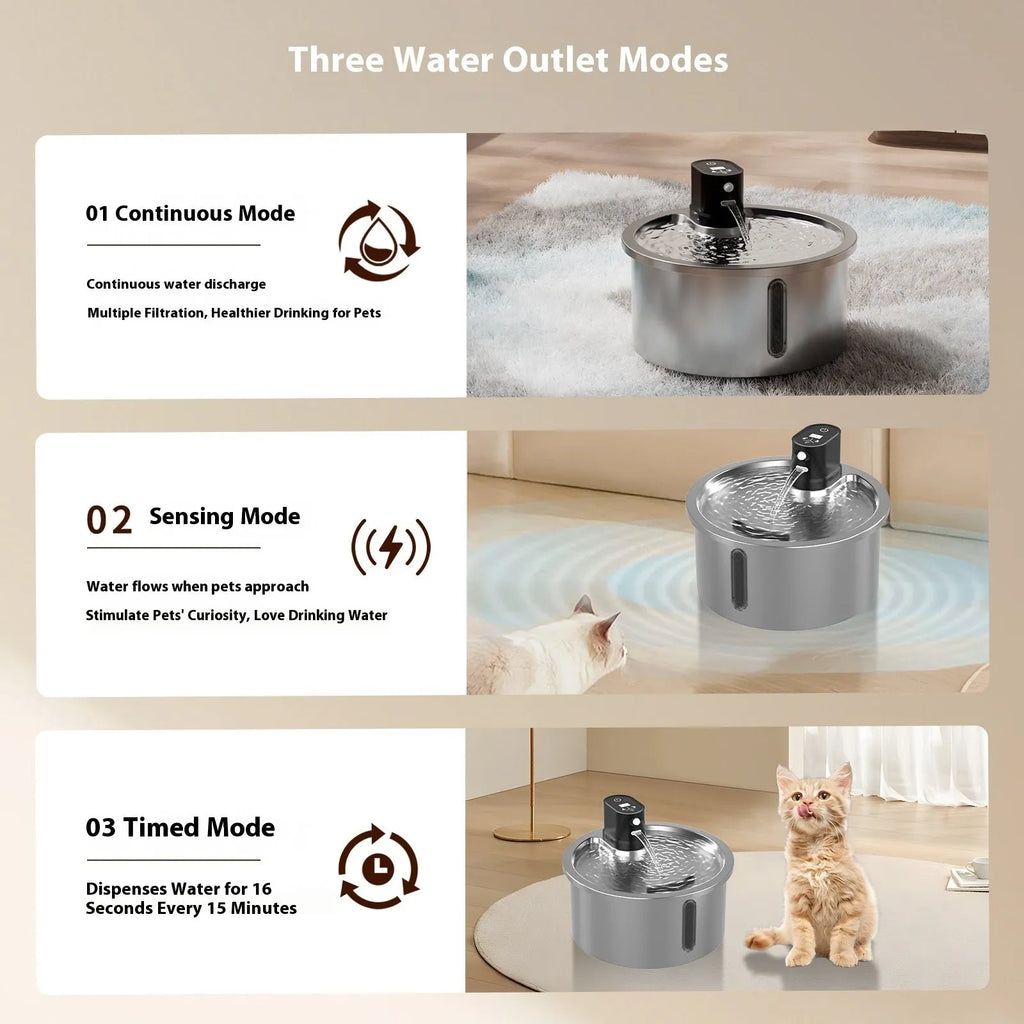 Stainless steel heated pet water fountain for cats and dogs on a nine-gear temperature base.