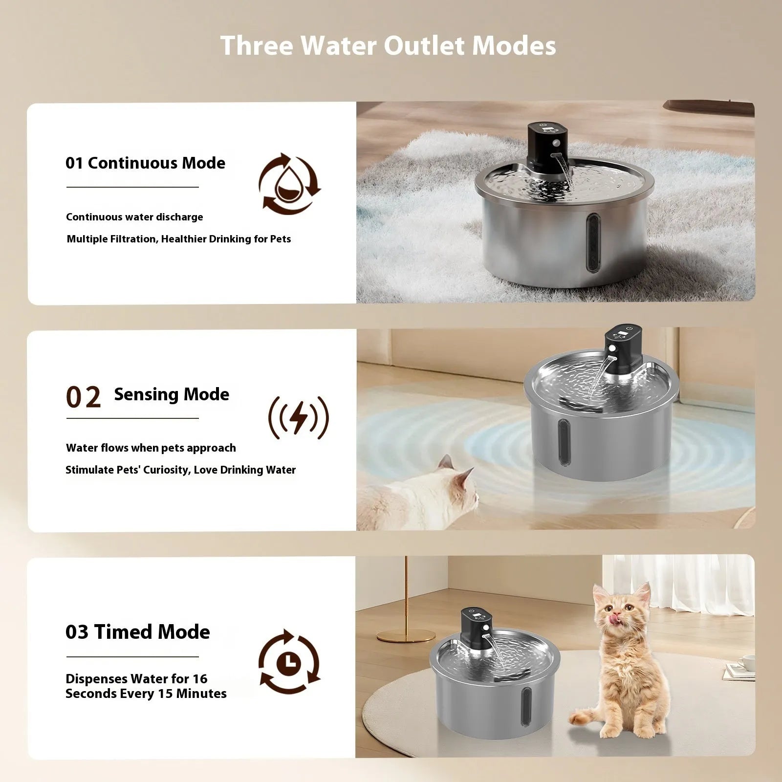 Stainless steel heated pet water fountain for cats and dogs on a nine-gear temperature base.