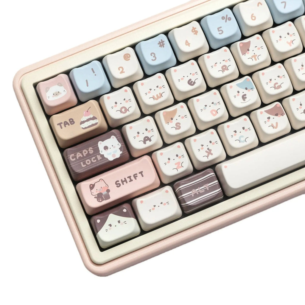 Sea Salt Cat themed PBT key cap set with March layout and 7u spacebar supplement for mechanical keyboards
