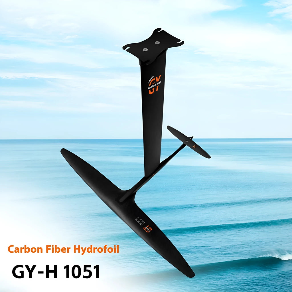 Black carbon fibre surfing hydrofoil with aluminium alloy components and 1051mm front wing