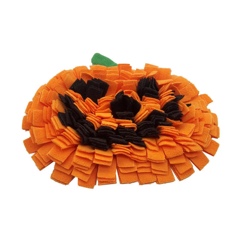 Orange pumpkin-shaped pet smell mat made from polar fleece for slow feeding and scent training games.