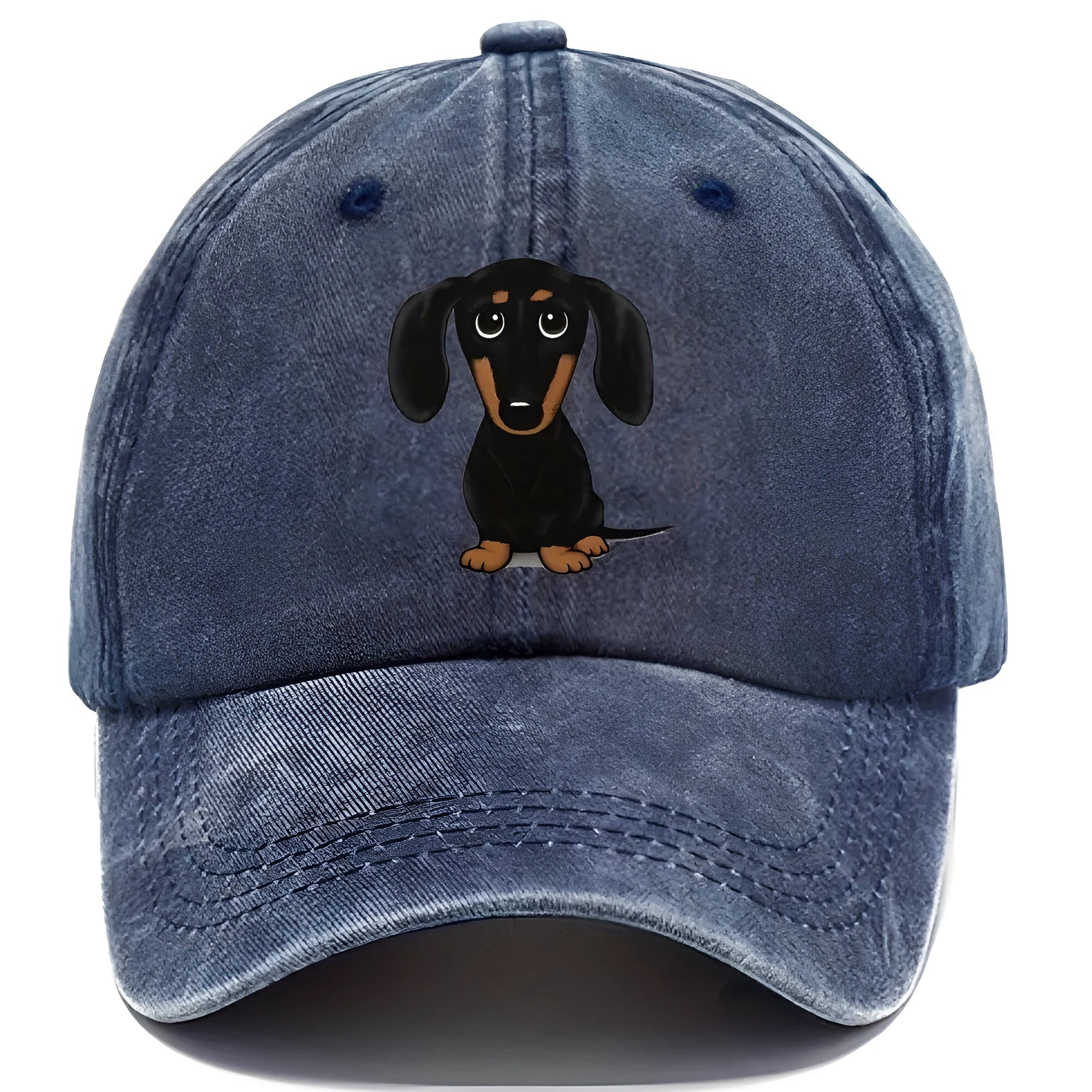 Retro washed baseball cap with printed Dachshund design in dome crown style