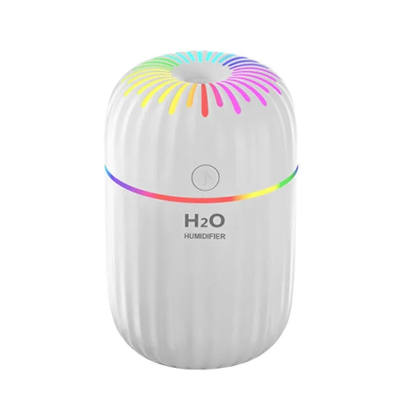 White USB mini humidifier with 300ml water tank measuring 75x75x116mm