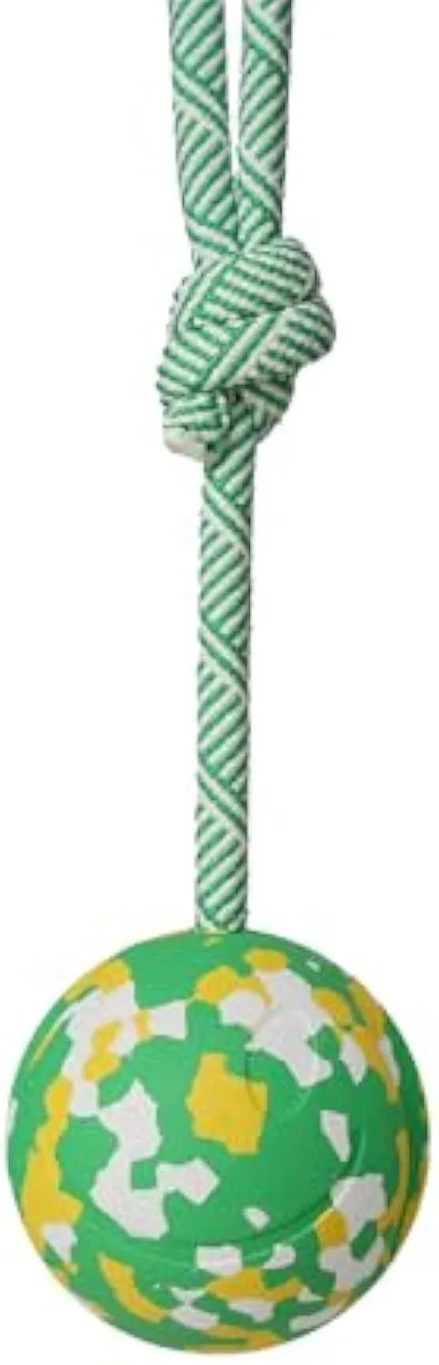 Natural rubber dog ball attached to nylon rope toy in two sizes for medium and small dogs