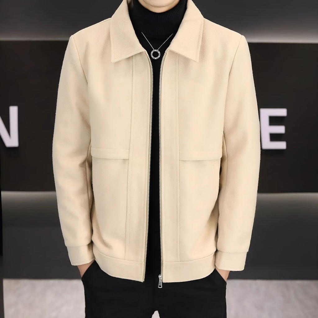 Men's khaki casual jacket with a polo collar and side seam pockets