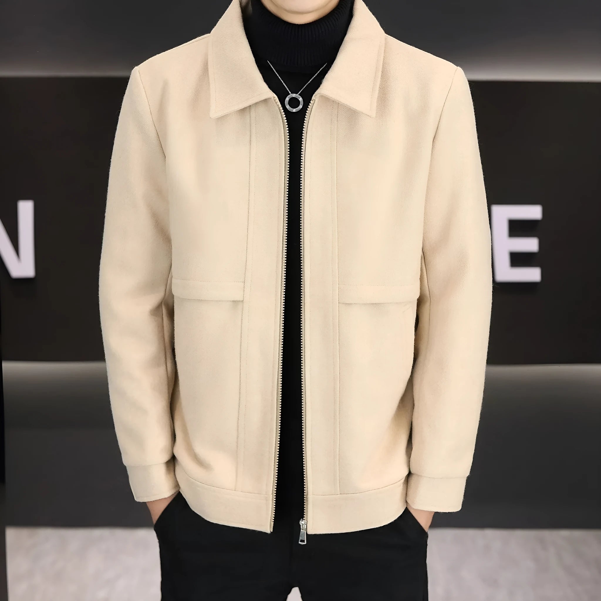 Men's khaki casual jacket with a polo collar and side seam pockets