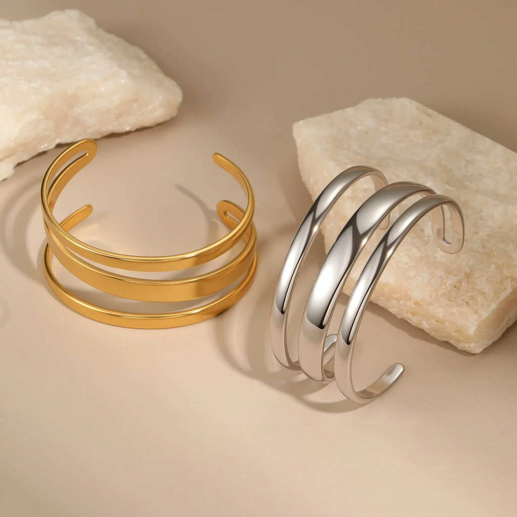 Women's geometric stainless steel bracelet with 18K gold electroplating in simple opening design