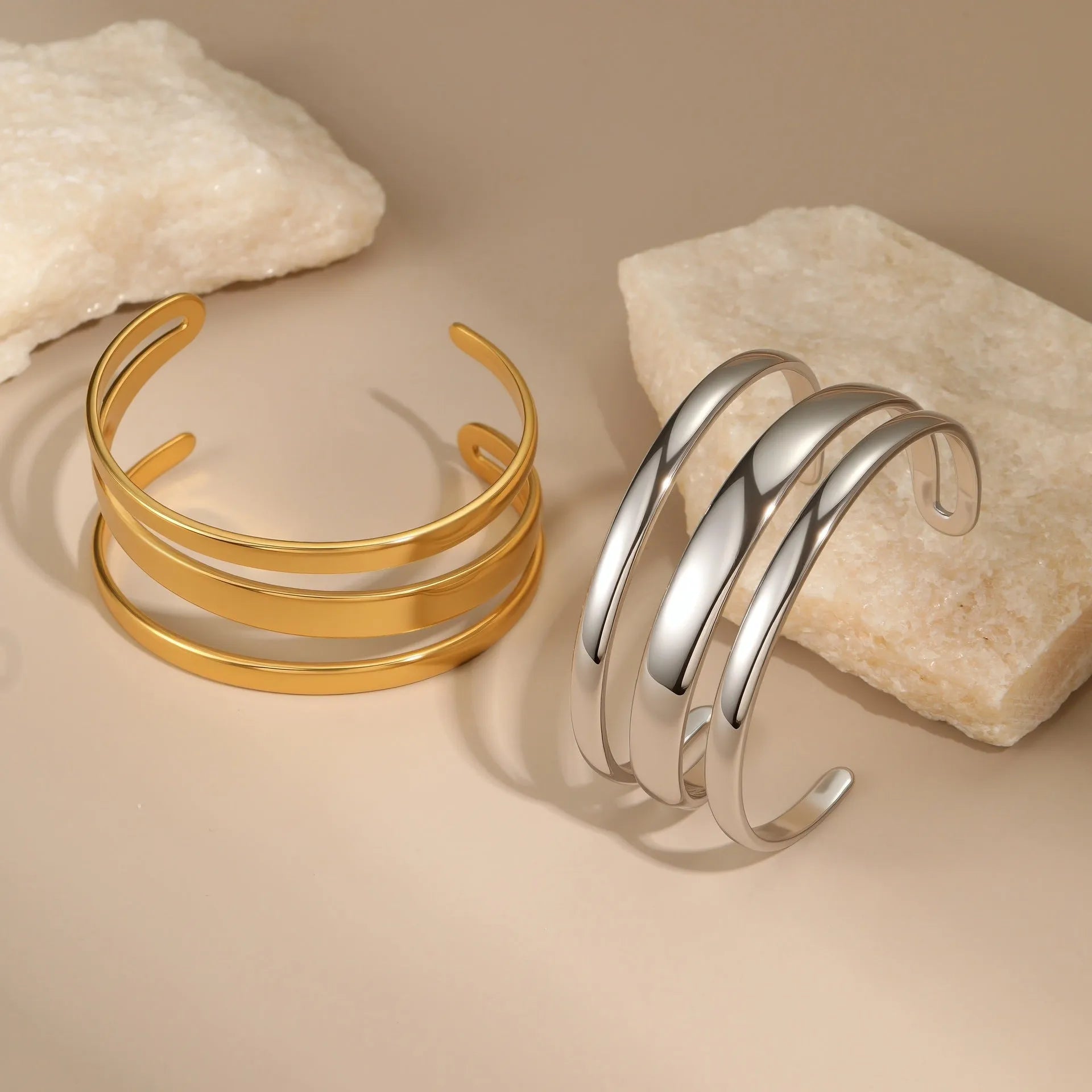 Women's geometric stainless steel bracelet with 18K gold electroplating in simple opening design