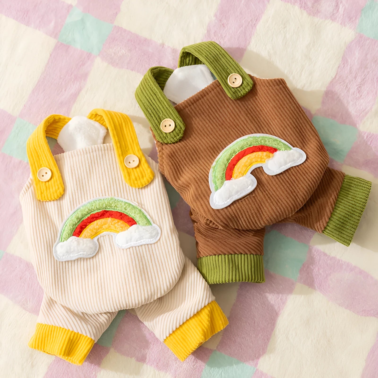 Dog jumpsuit in corduroy fabric with rainbow print, beige and brown options, for small dogs autumn winter