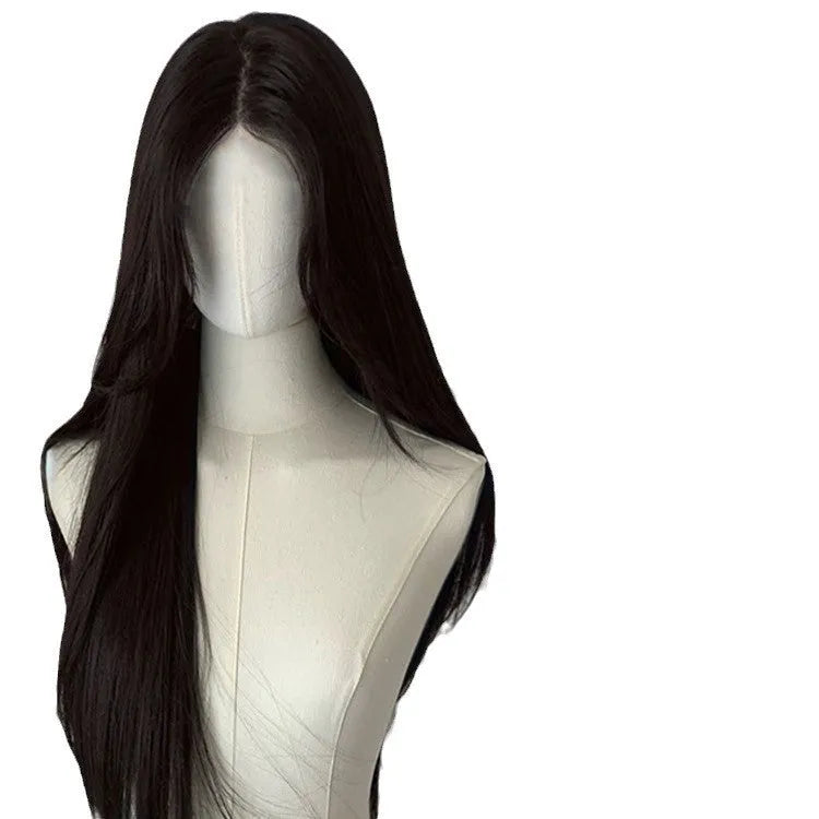 Long straight black wig with forehead lace and side bangs made from high temperature fibre.