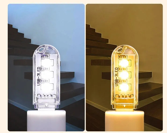 Compact round white LED night light with USB cable, shown with warm and white light illumination.