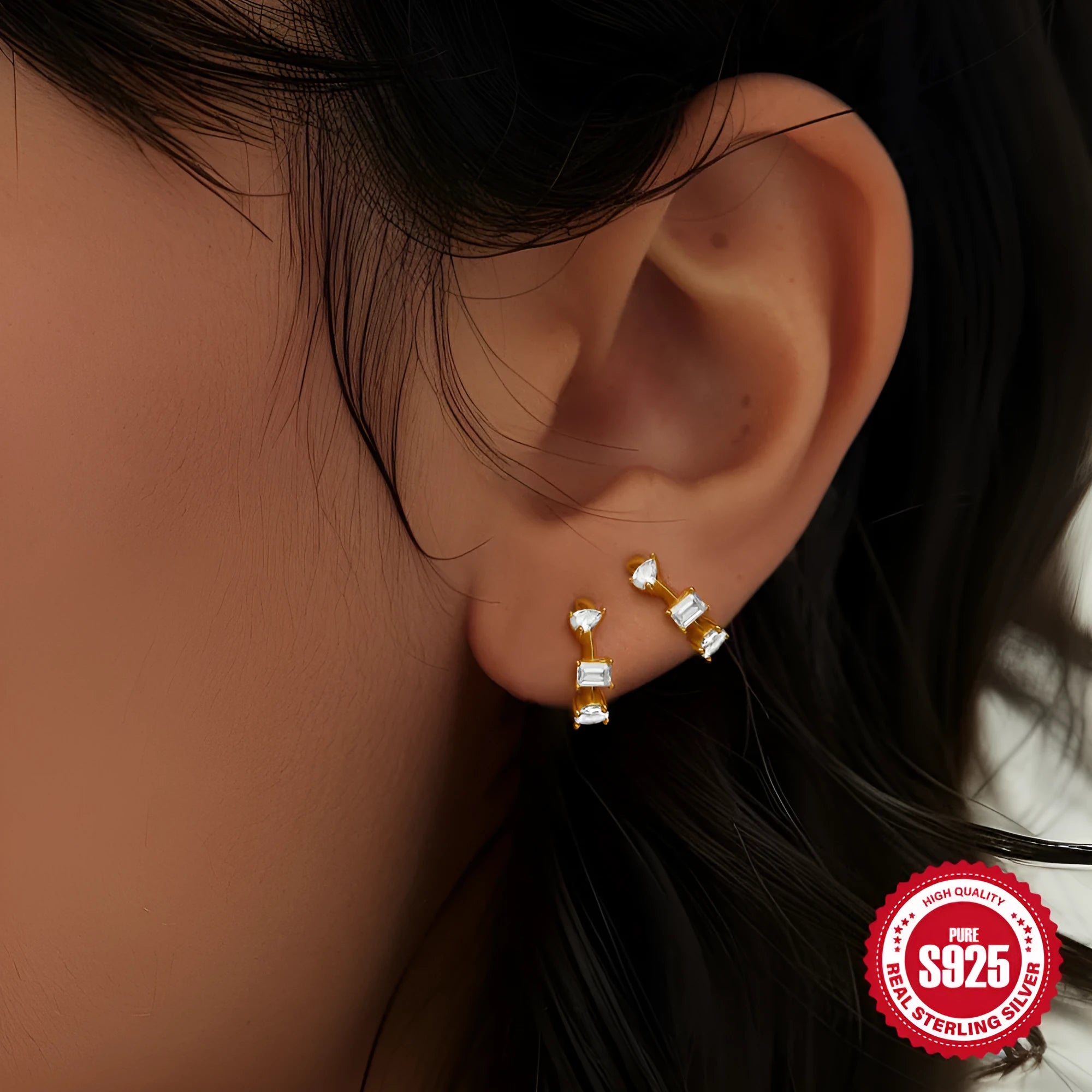 Sterling silver geometric stud earrings with diamond detailing in gold or silver finish