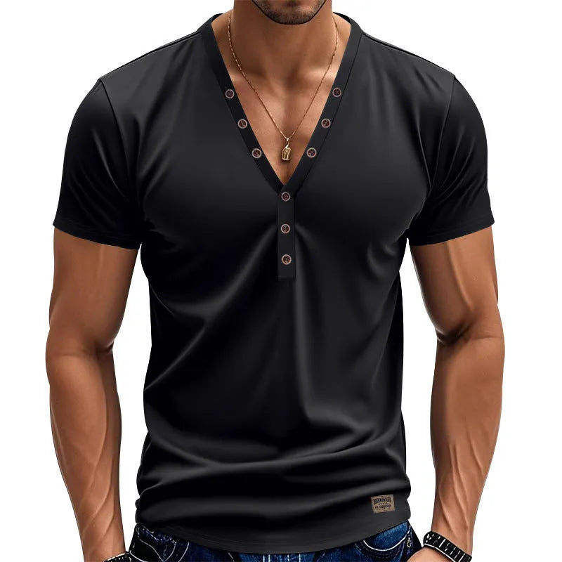 Men's loose fit solid colour V-neck pullover top with button detail on the chest.