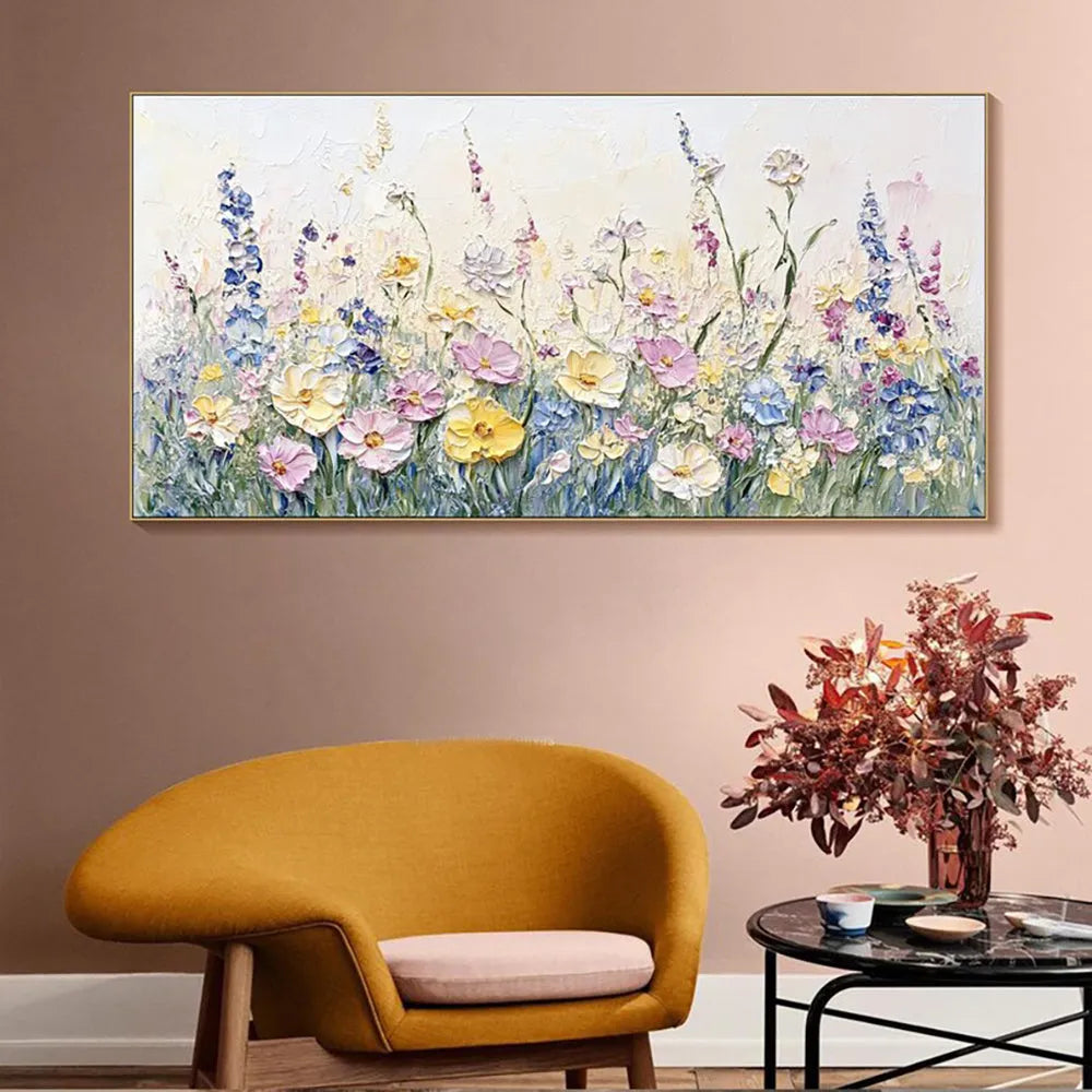 Handmade oil painting canvas wall art with 3D palette knife flowers in modern style, rolled frameless unstretched