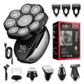 Black rechargeable 6-in-1 hair clipper and shaver kit with multiple attachments laid out.