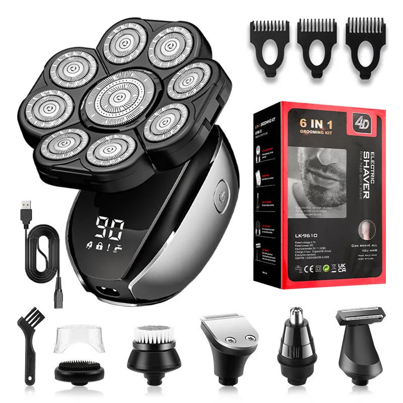 Black rechargeable 6-in-1 hair clipper and shaver kit with multiple attachments laid out.