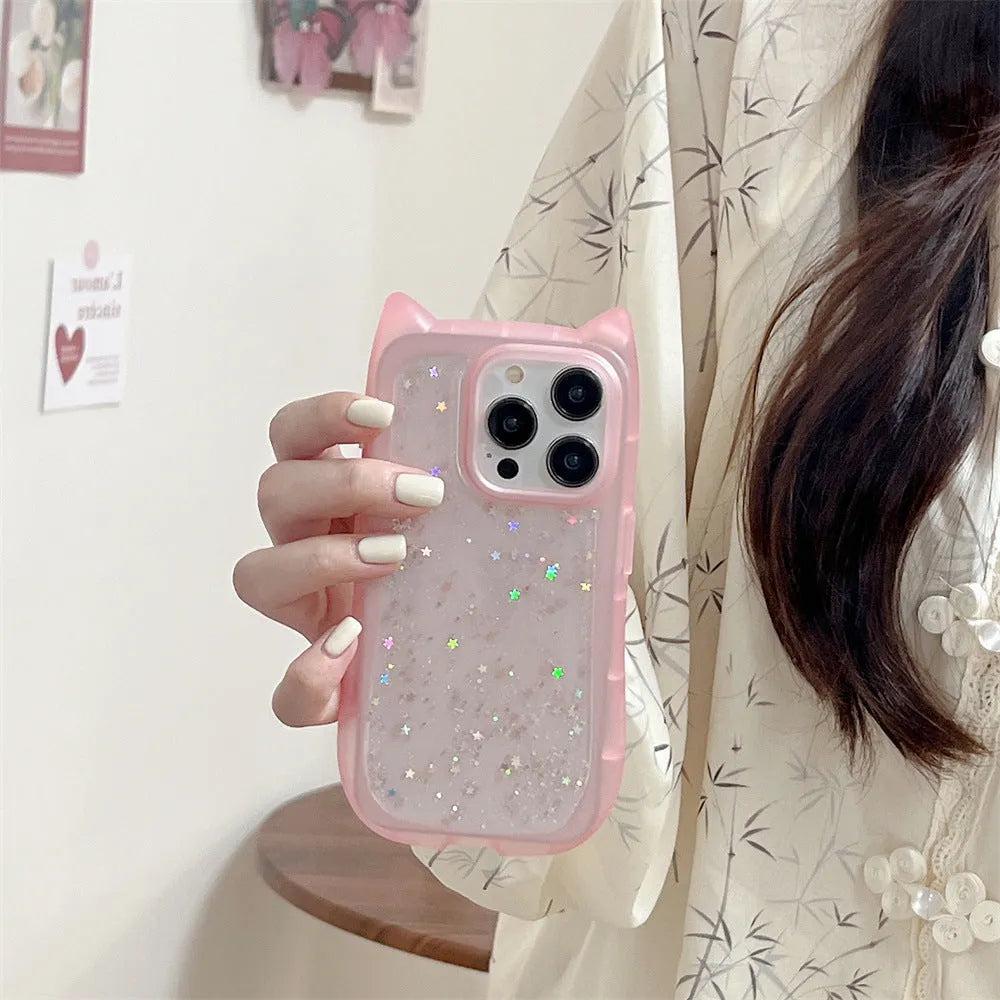 Three-dimensional cat ears epoxy glitter TPU phone case for Apple iPhone, available in pink, white, purple, black, and transparent