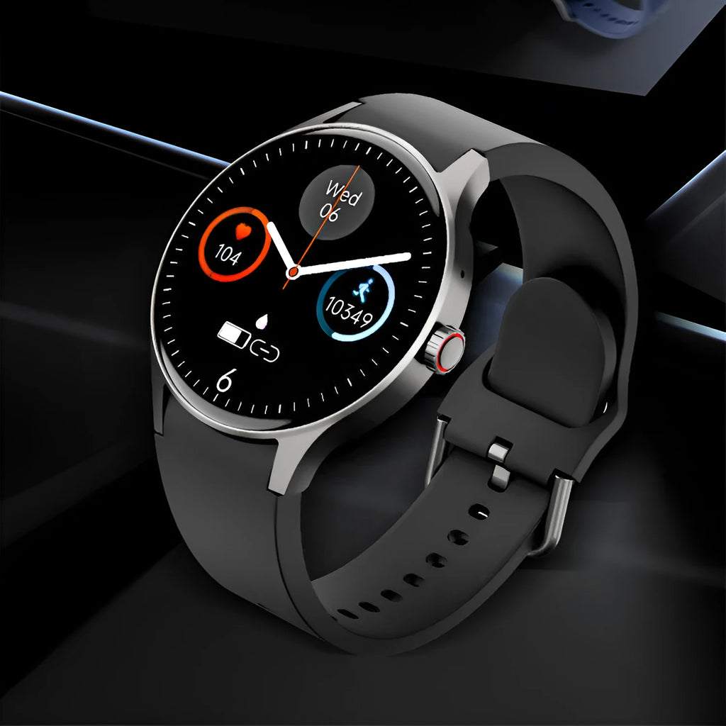 Smart Bluetooth sport watch with round touch screen on wrist, showing IP68 waterproof rating and 46mm diameter case