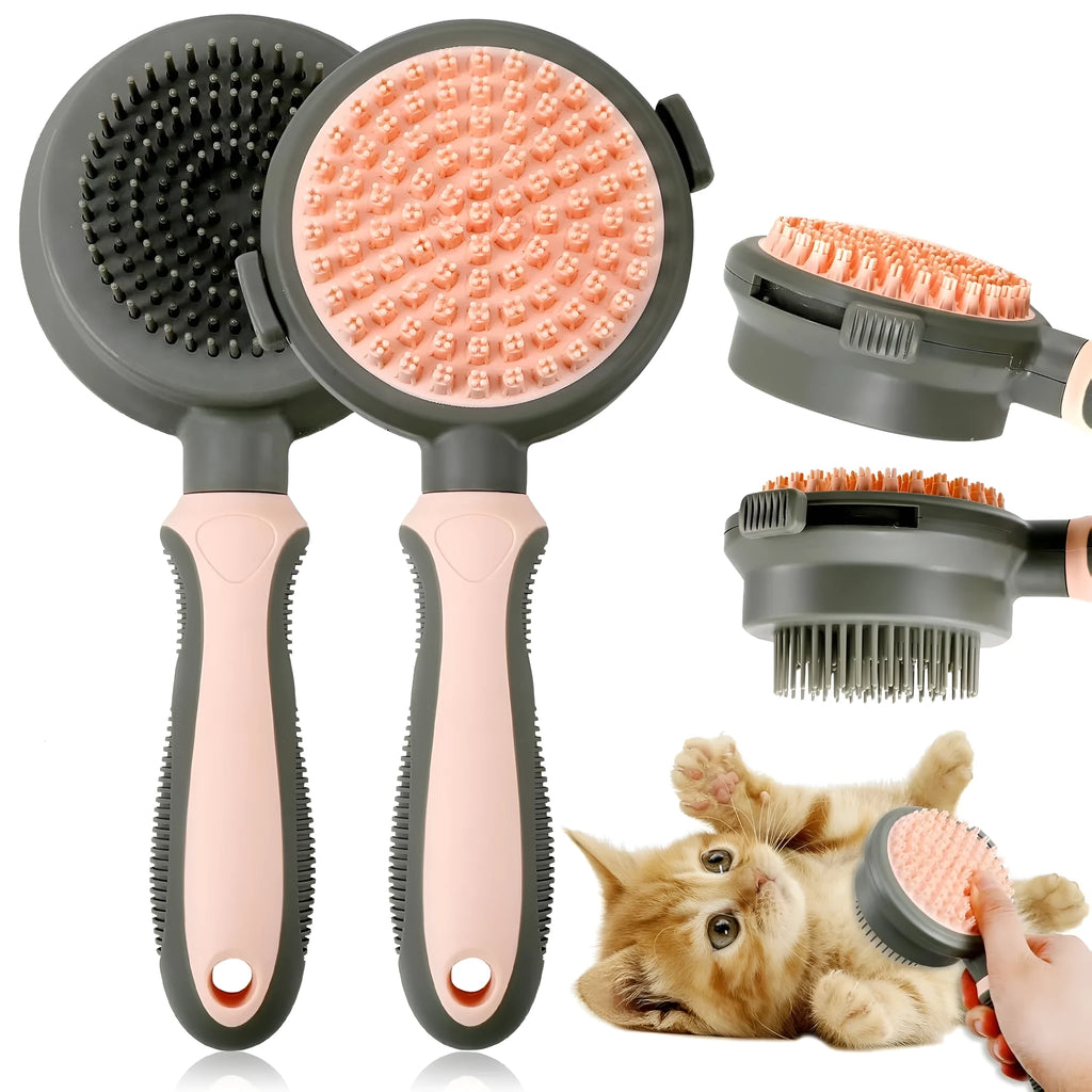 Double sided pink cat brush with release button and flea comb for pet grooming
