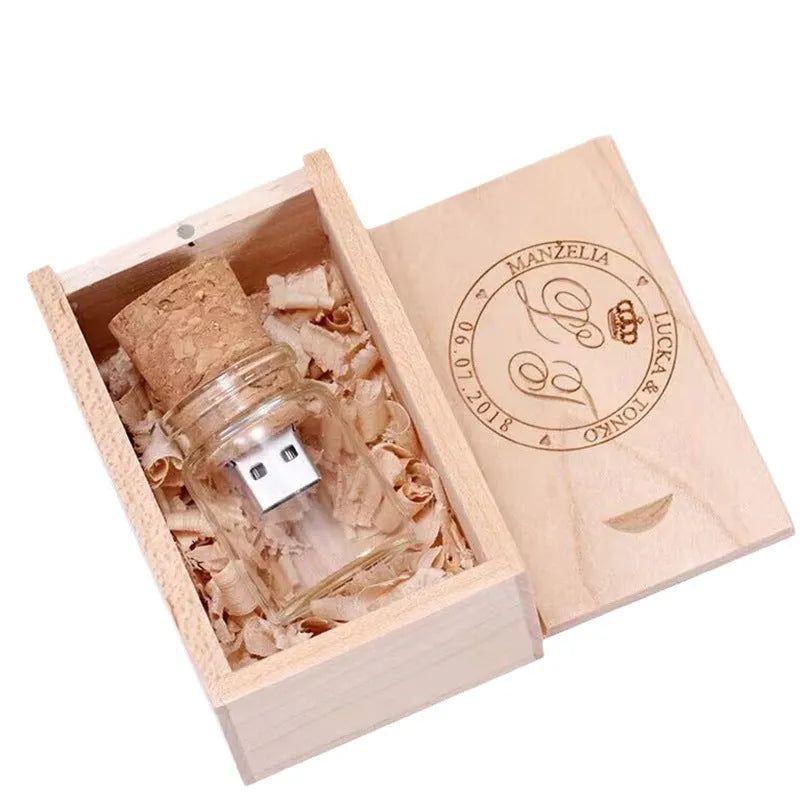 Clear glass bottle USB flash drive with wooden cap showing internal component