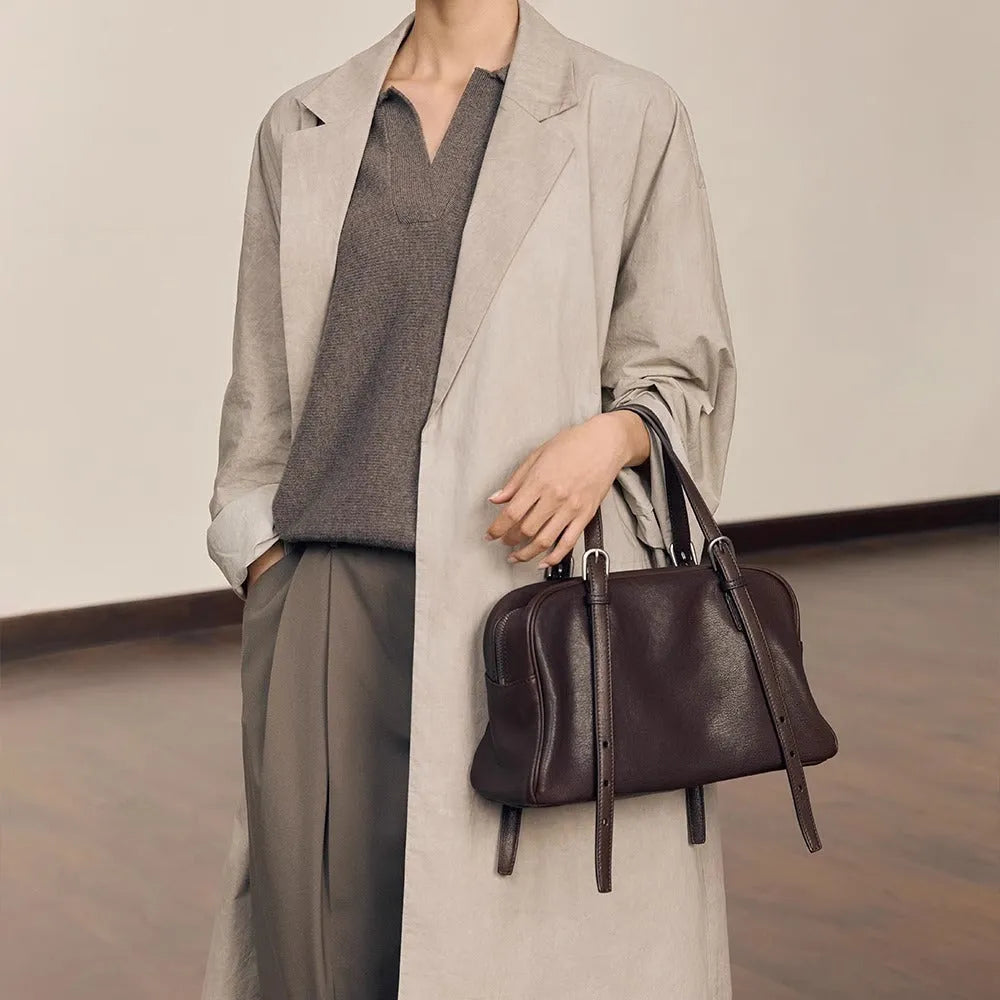 Women's genuine leather retro shoulder bag with horizontal square design in black, brown, or elephant grey colour options