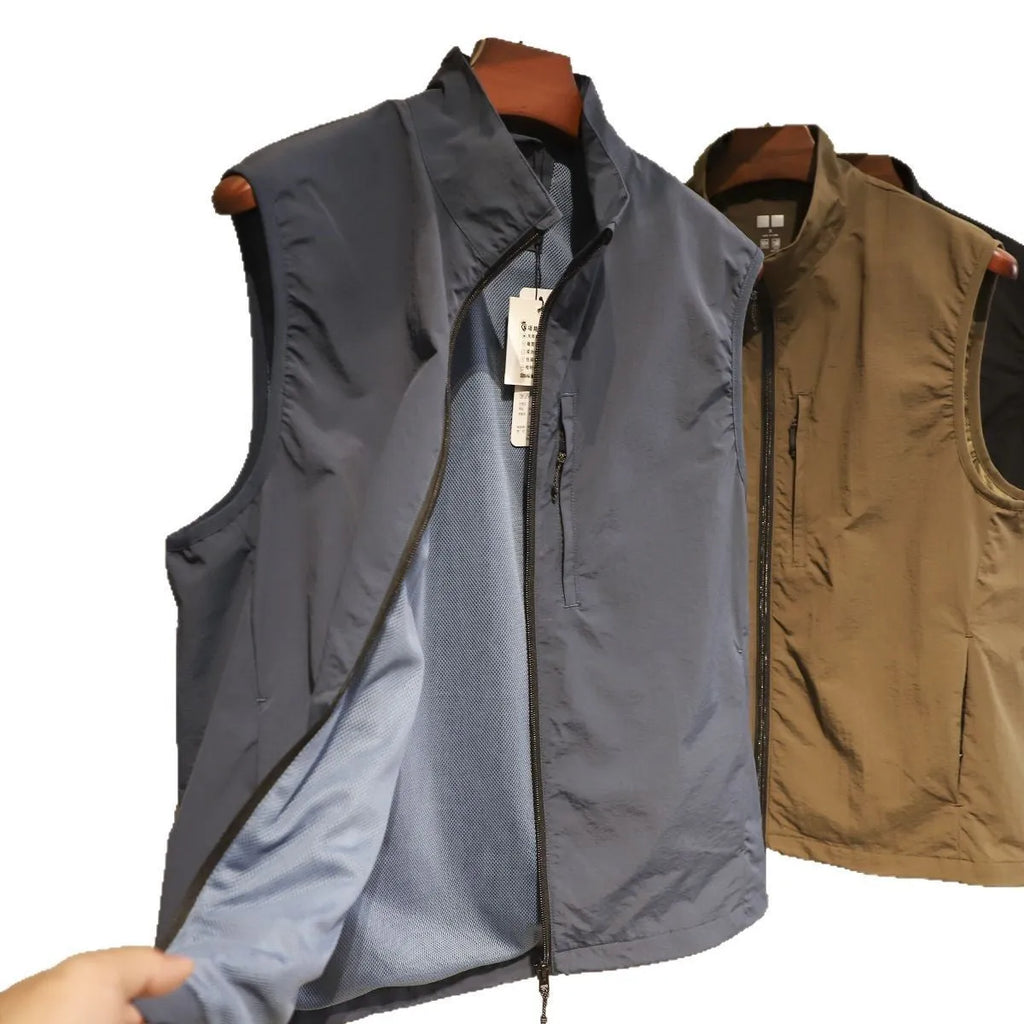 Men's straight-cut nylon cardigan vest in Army Green with side seam pockets.