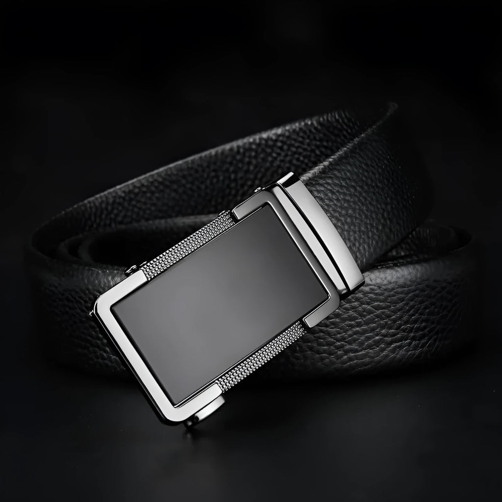 Men's gun black leather belt with an automatic alloy buckle, laid flat showing its length