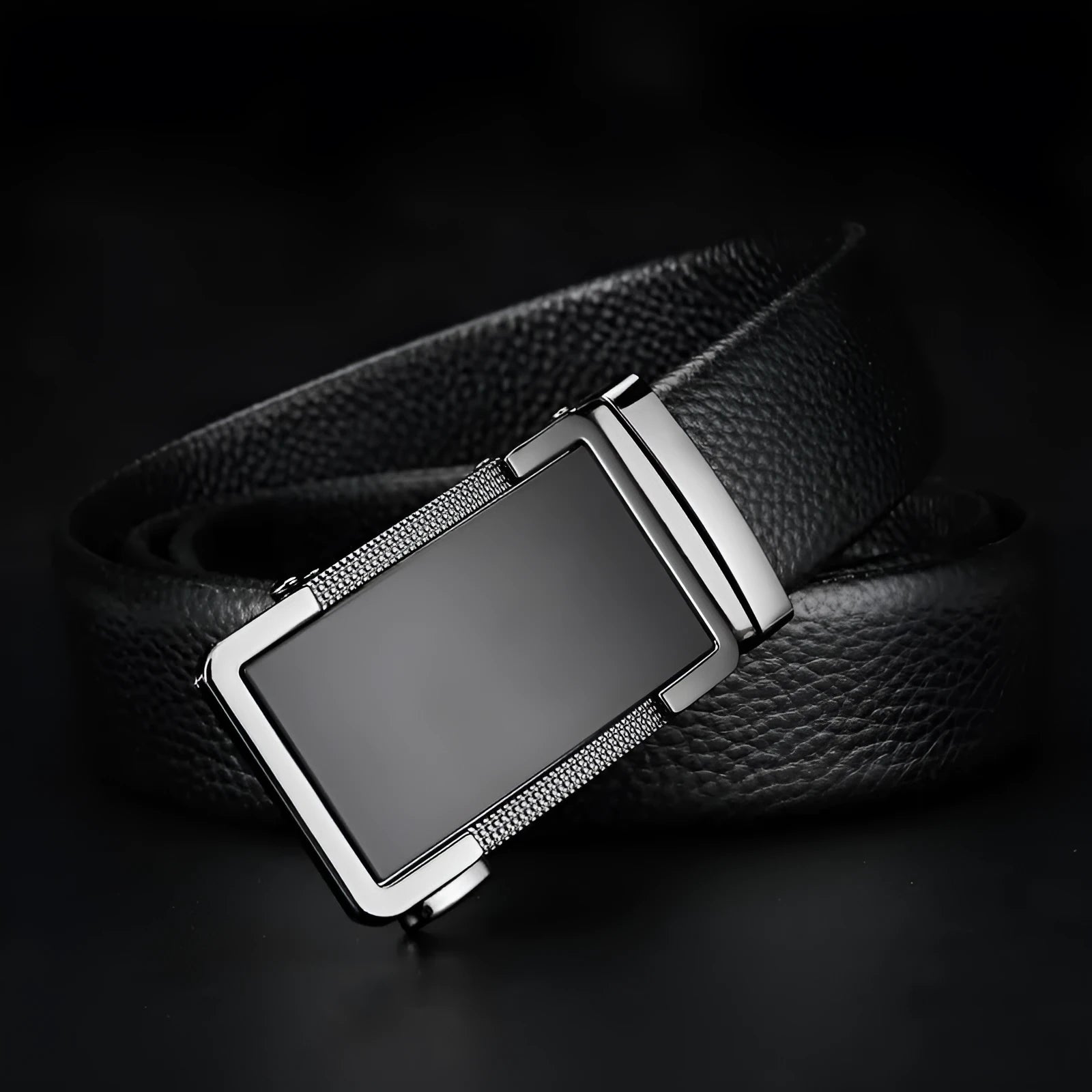 Men's gun black leather belt with an automatic alloy buckle, laid flat showing its length