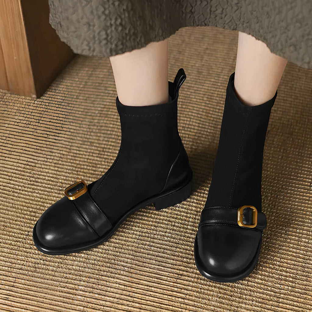 Women's black low heel Martin boots with round toe and front lace-up closure