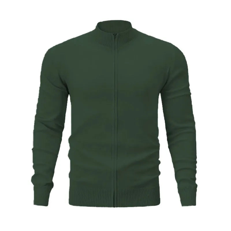 Man wearing a stand collar zip-front casual sweater in a solid colour, showing loose fit and front zipper detail.