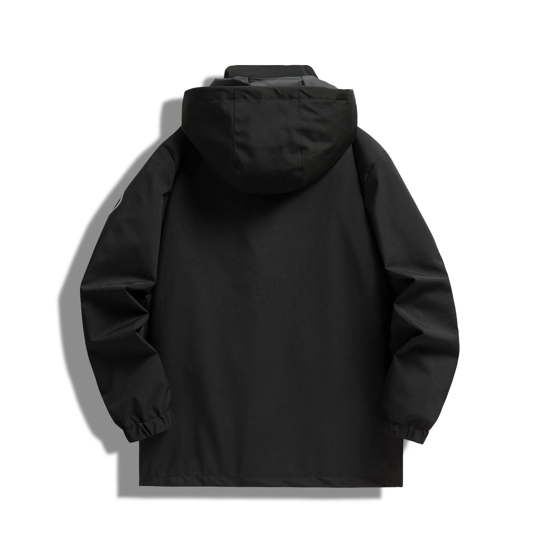 Men's warm hooded outdoor jacket in loose fit, Korean style, colour black, with zipper and pockets