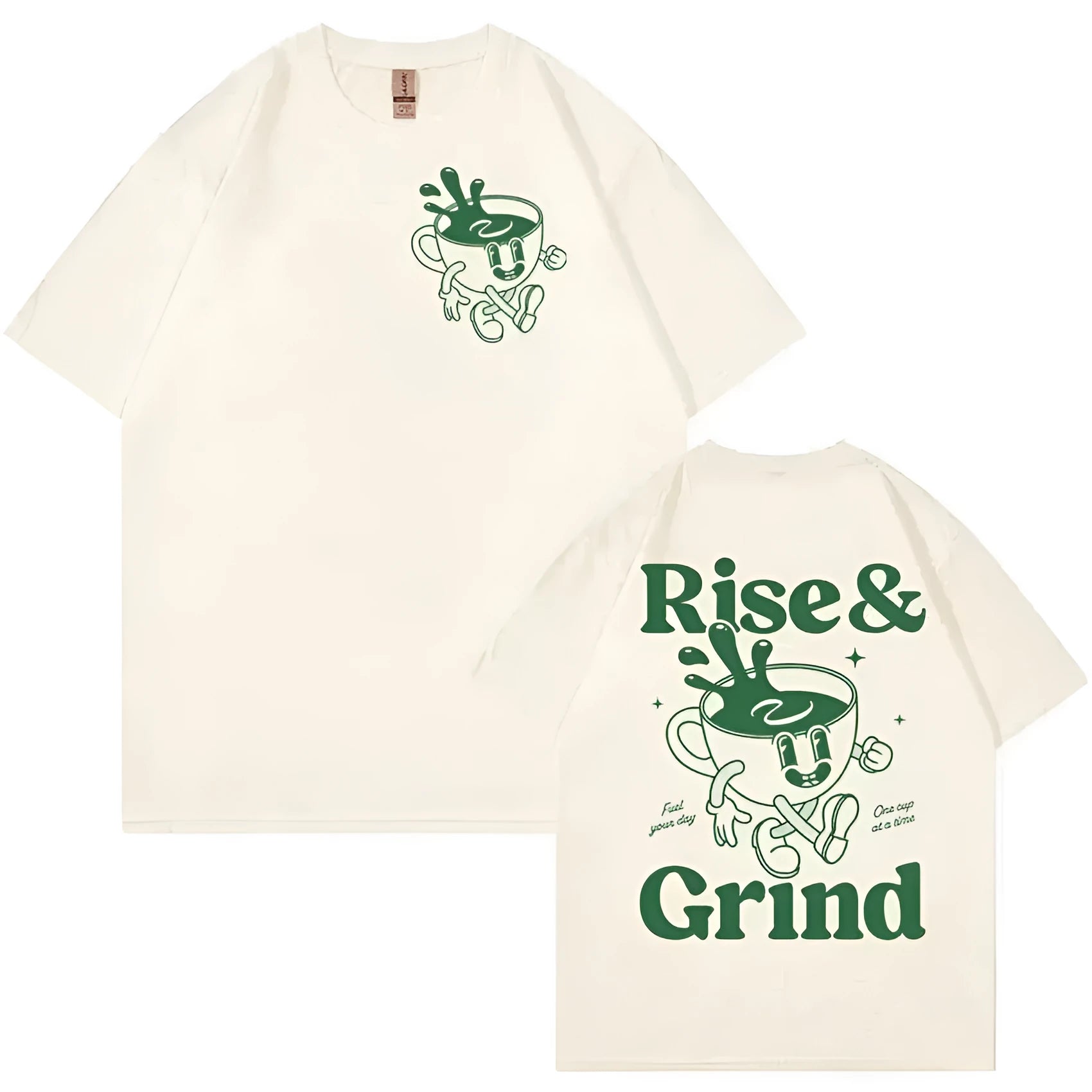 Linen loose-fit t-shirt with Rise And Grind green coffee bag cartoon graphic, shown in multiple colours.