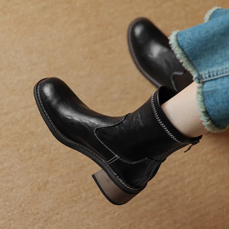 Women's casual mid-heel Martin boots with artificial PU upper and front lacing in black and brown