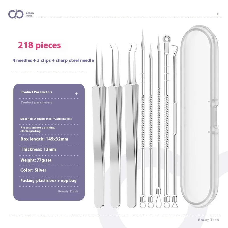 Set of four silver metal acne needles with pointed tips on a white background.