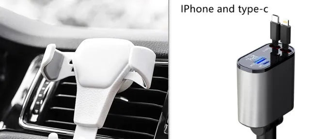 100W metal car charger with retractable cable and adjustable head for fast mobile charging in a car