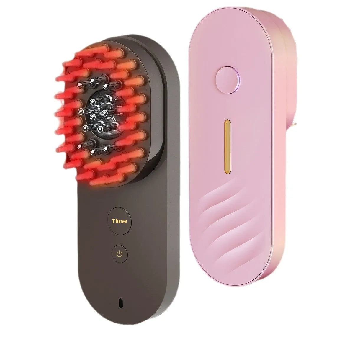 Pink and black smart massage comb with red light therapy for head care, less than 10cm long