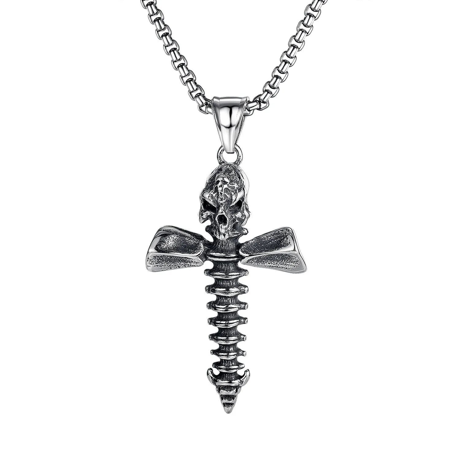 Men's stainless steel skull necklace with electroplated silver finish showing six pendant colour options