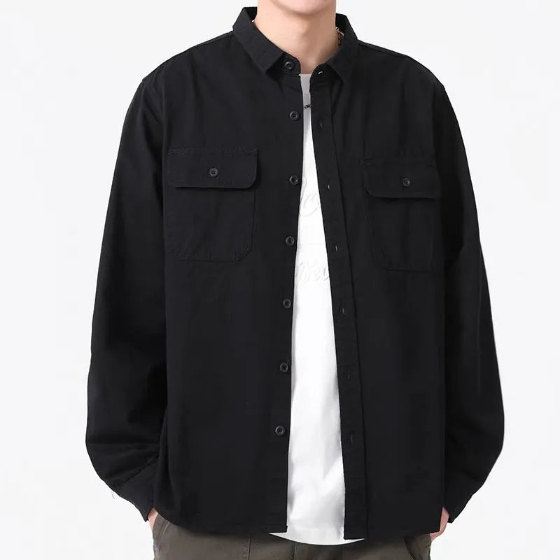 Men's loose fit long sleeve cardigan shirt in polyester, shown in light grey, black, khaki, or green.