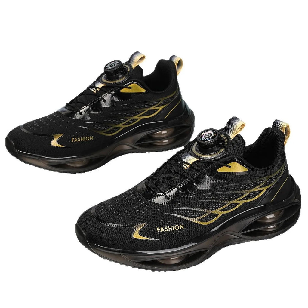 Casual running shoes with mesh upper in sky blue, black gold, or white with rubber soles and front lace-up closure