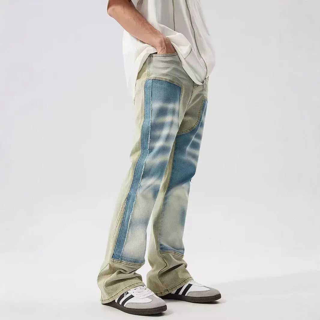Retro dual-colour patchwork jeans with splash-ink damaged design in yellow and blue polyester denim