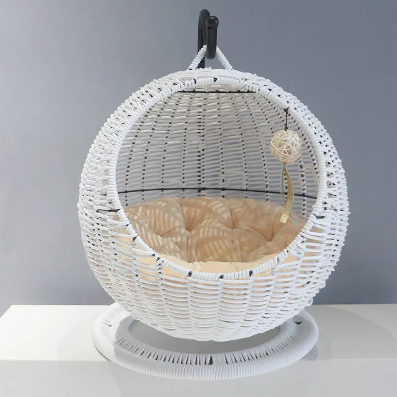 Rattan cat nest hanging basket semi-closed large size natural colour woven from PP rattan and seaweed