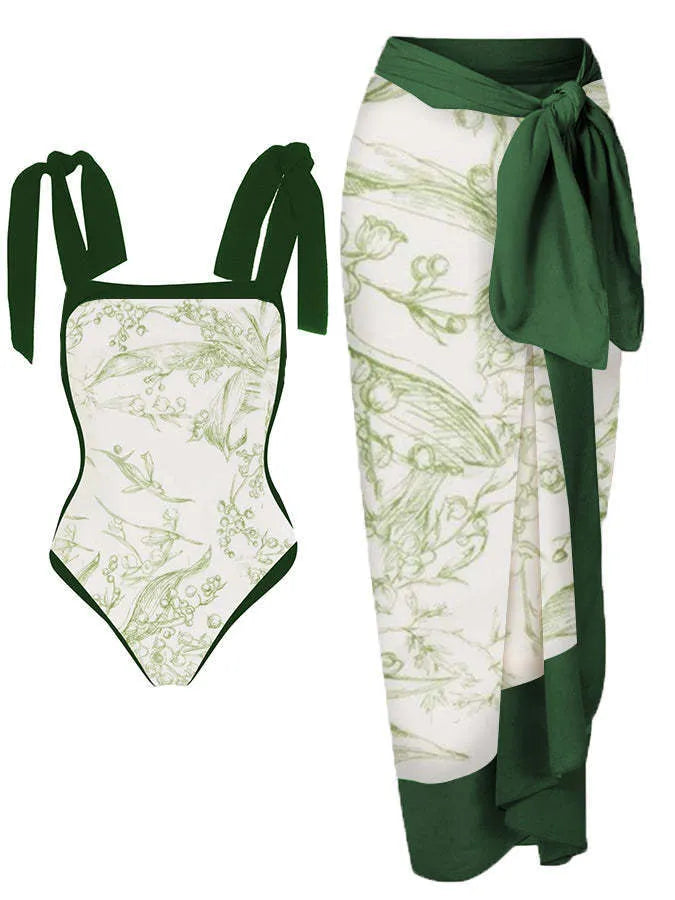 Women's printed chiffon two-piece swimsuit set with matching hip skirt
