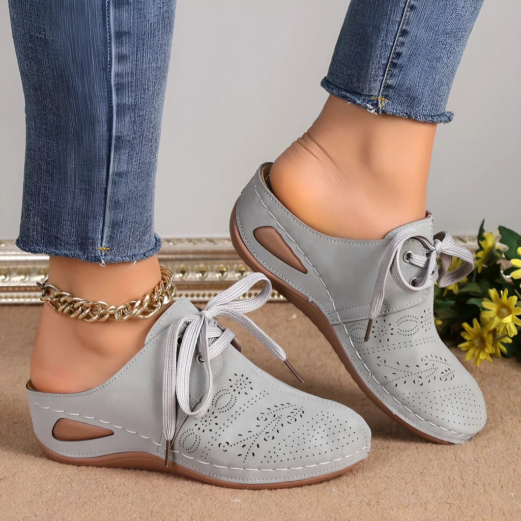 Women's baotou lace-up slippers in light grey with a hollow-out wedge and rubber sole.