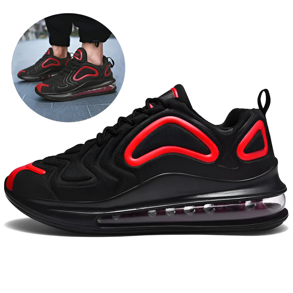 Men's black air cushion sneakers with artificial PU upper, plastic sole, and lace-up design for outdoor running