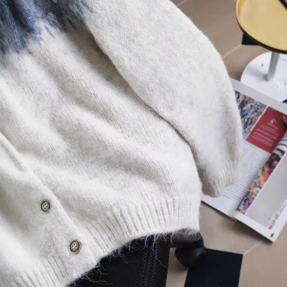 Women's loose-fit jacquard sweater coat in milky white, brown, or navy blue.