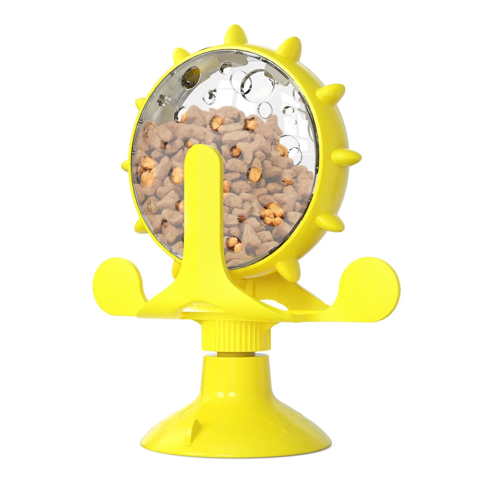 Interactive pet puzzle feeder with colourful spinner and suction cup base for cats and small dogs