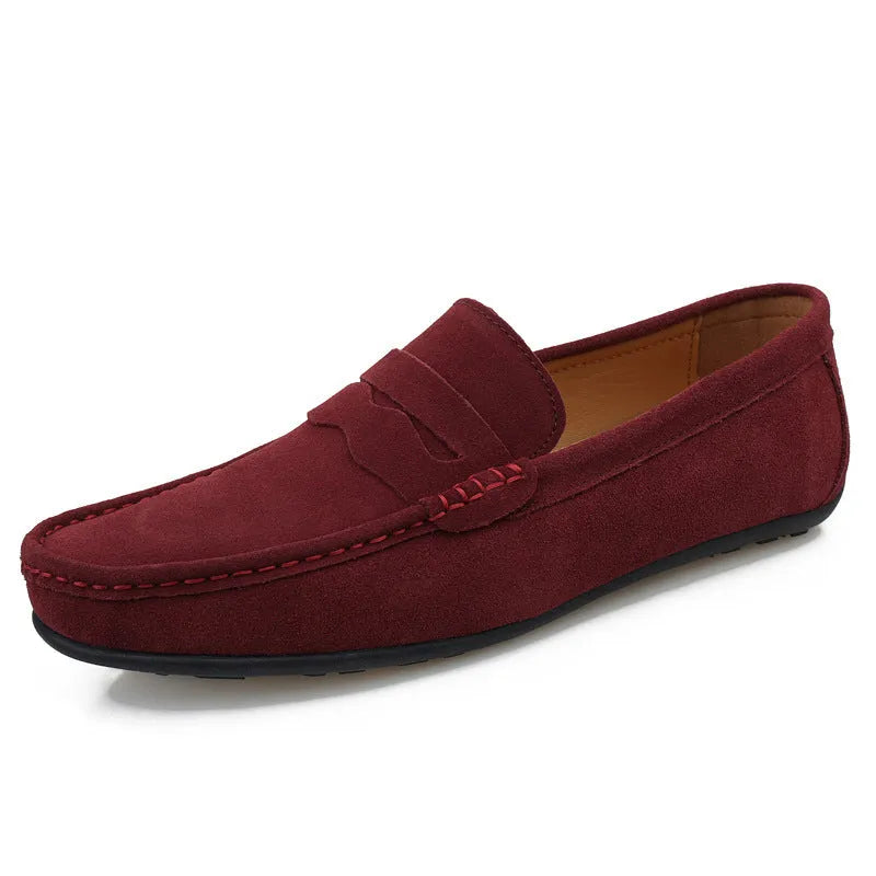 Men's solid-colour suede slip-on loafers with round toe and rubber sole