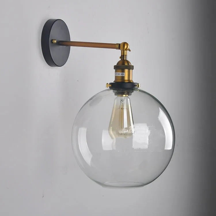 Retro round ball glass wall lamp with aluminium holder in 20cm size