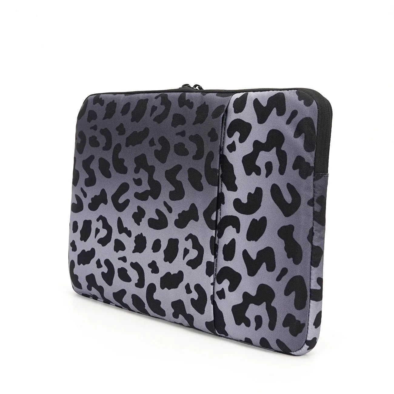 Leopard print laptop sleeve with waterproof polyester exterior and protective flannel lining